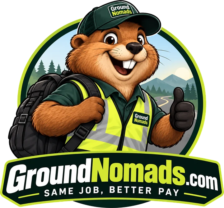 Ground Nomads mascot: a groundhog in a hi-vis vest and cap with a backpack, giving a thumbs up